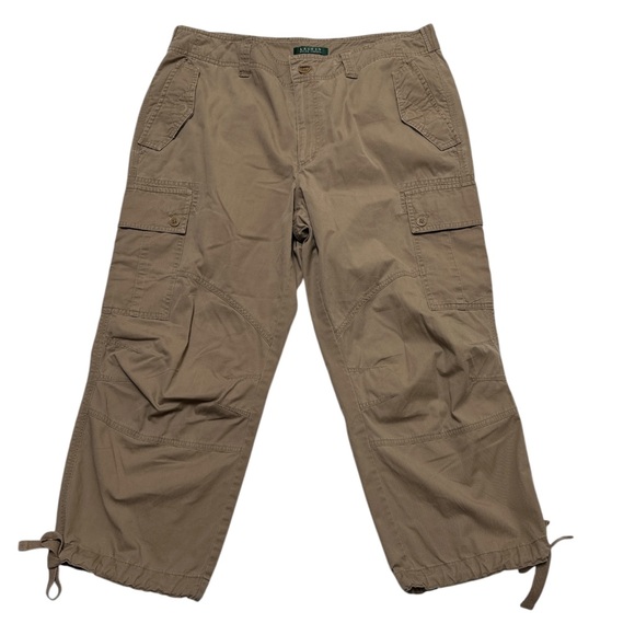 Lauren Ralph Lauren Cropped Wide Leg Cargo Pants Adjustable Waist Hem Ties Tan - Picture 1 of 10